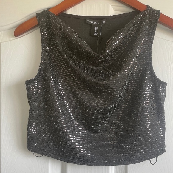 Sincerely Jules Sparkly Black Cow Neckline Sequin Sleeveless Crop Top, Small - Picture 7 of 13